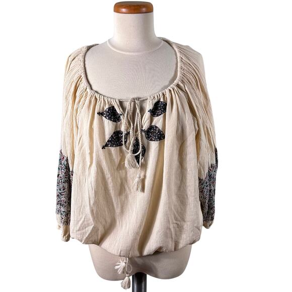 Denim&Supply Ralph Lauren Women Large Cream Drawstring Tasseled Boho Blouse Tops - Picture 1 of 12